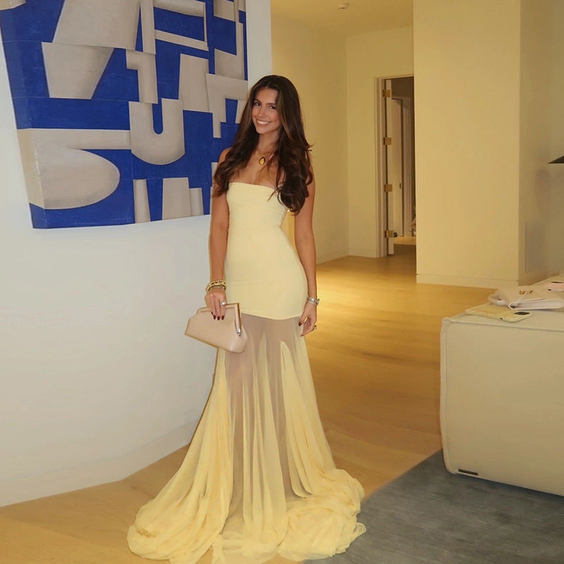 Women's Strapless Mesh Maxi Dress with Sheer Train and Fitted Bodice