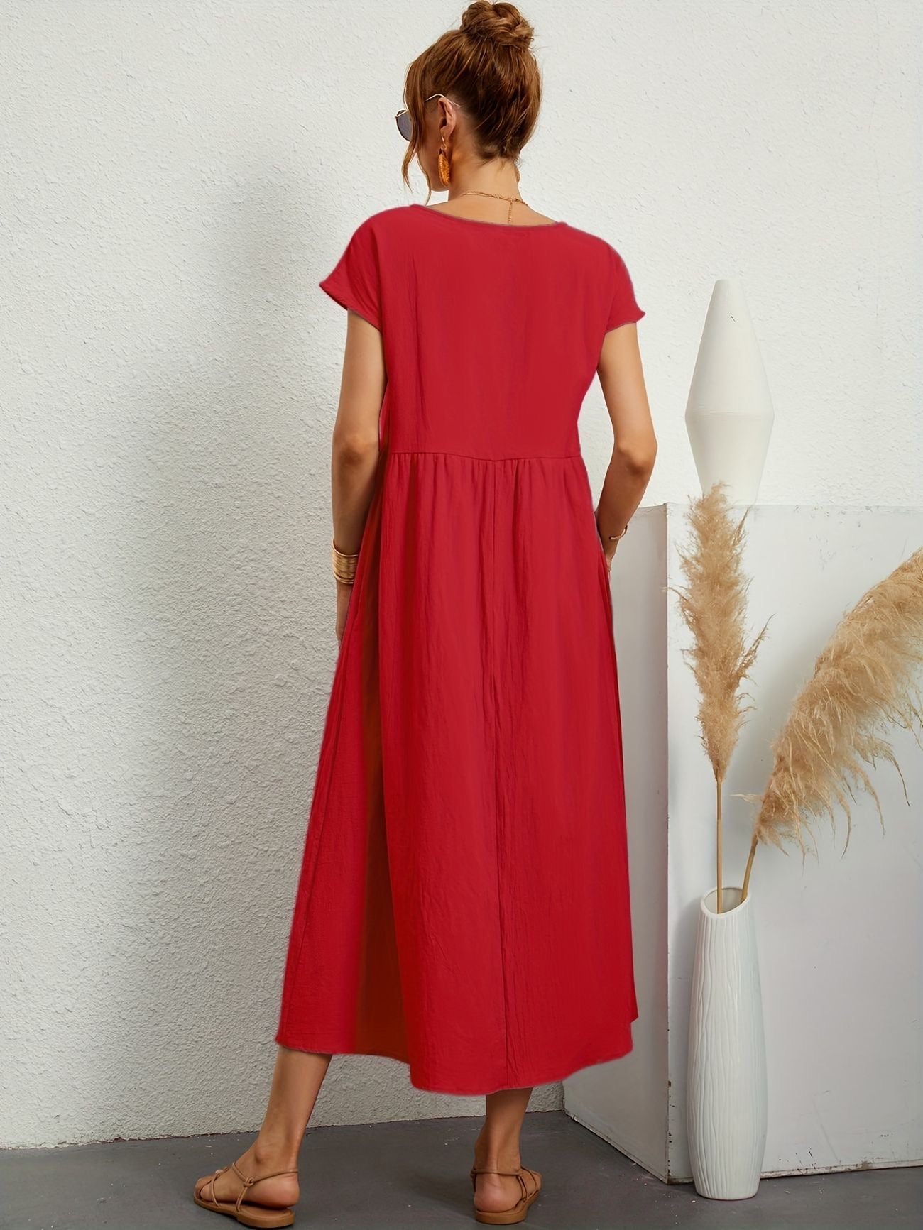 Summer Midi Dress for Women with Short Sleeves and Flowy Silhouette
