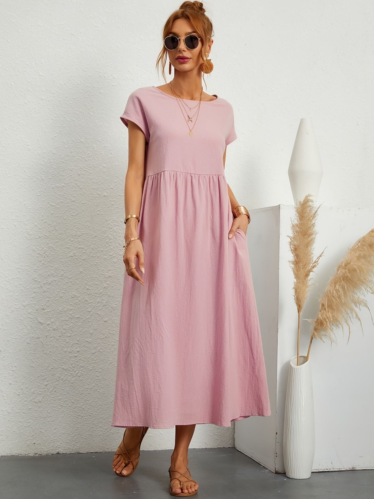 Summer Midi Dress for Women with Short Sleeves and Flowy Silhouette