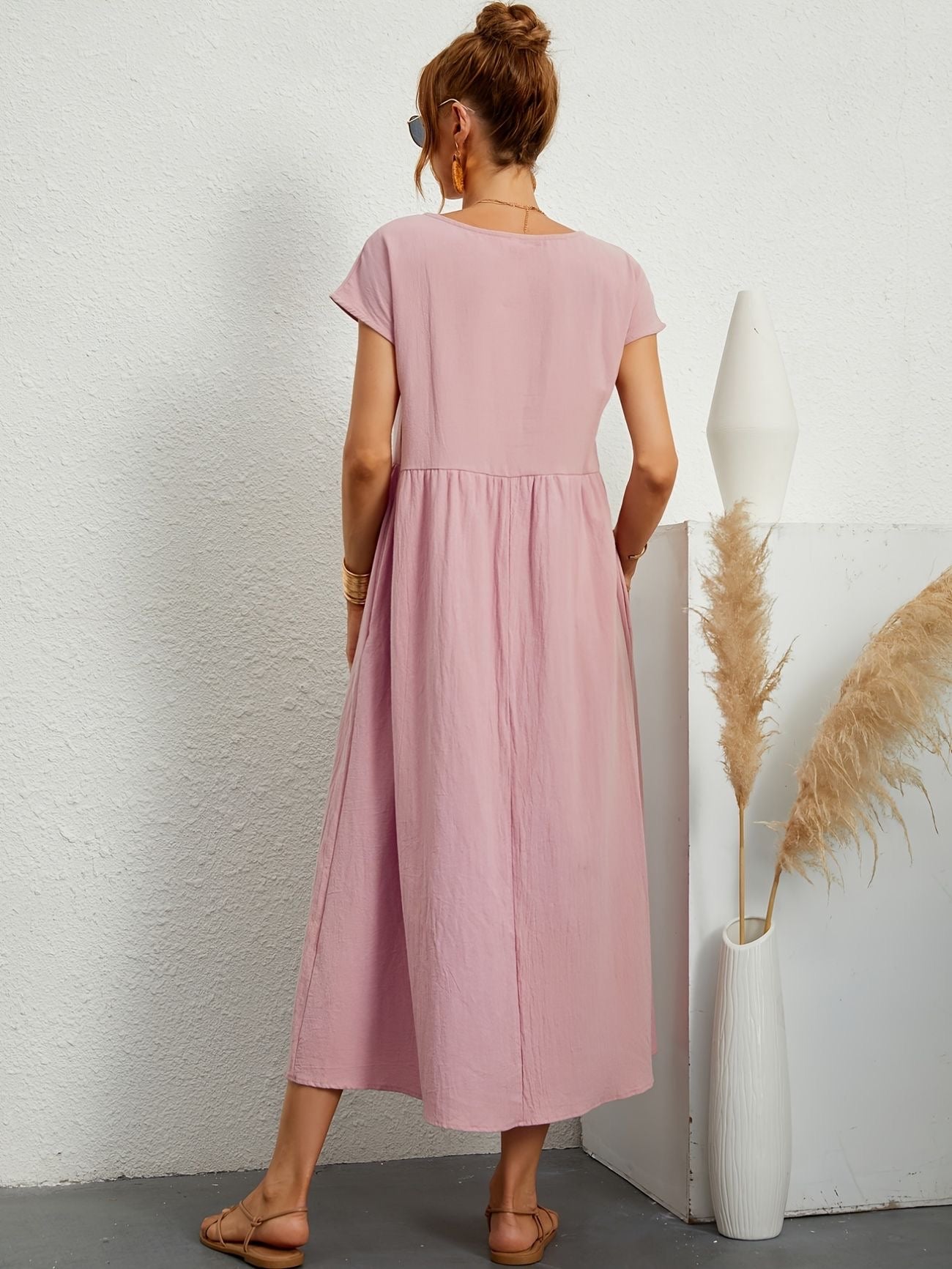 Summer Midi Dress for Women with Short Sleeves and Flowy Silhouette