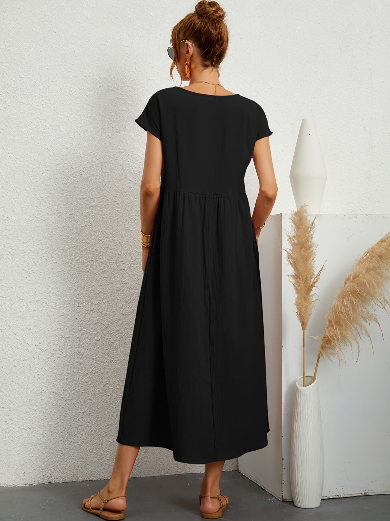 Summer Midi Dress for Women with Short Sleeves and Flowy Silhouette