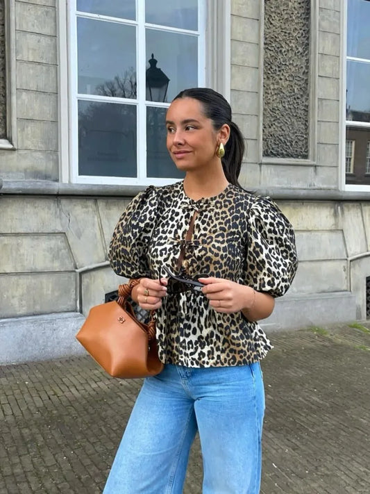 Women's Puff Sleeve Leopard Print Blouse
