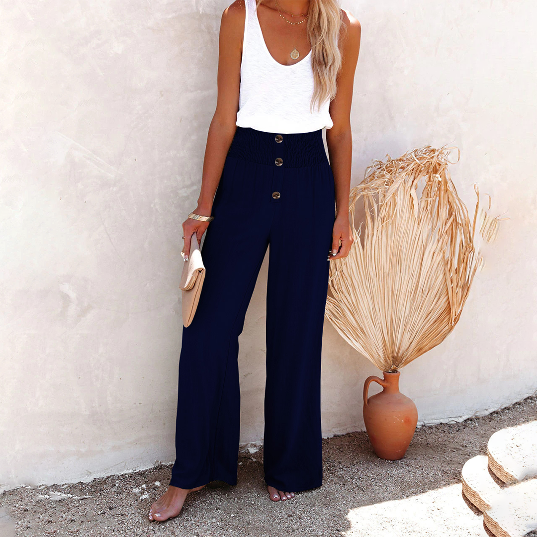 Women's High-Waisted Wide-Leg Pants with Smocked Waistband