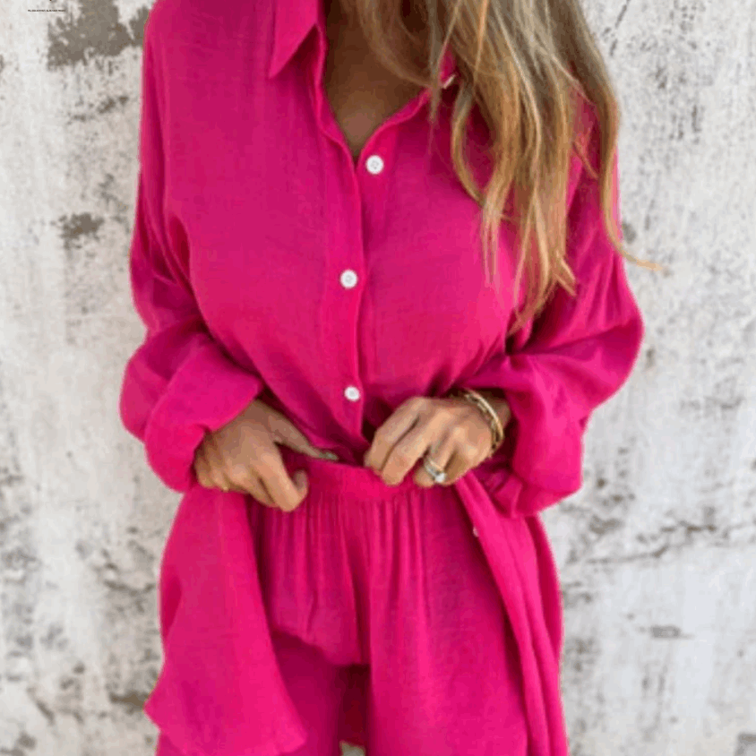 Women's Relaxed Two-Piece Outfit with Button Shirt and Shorts