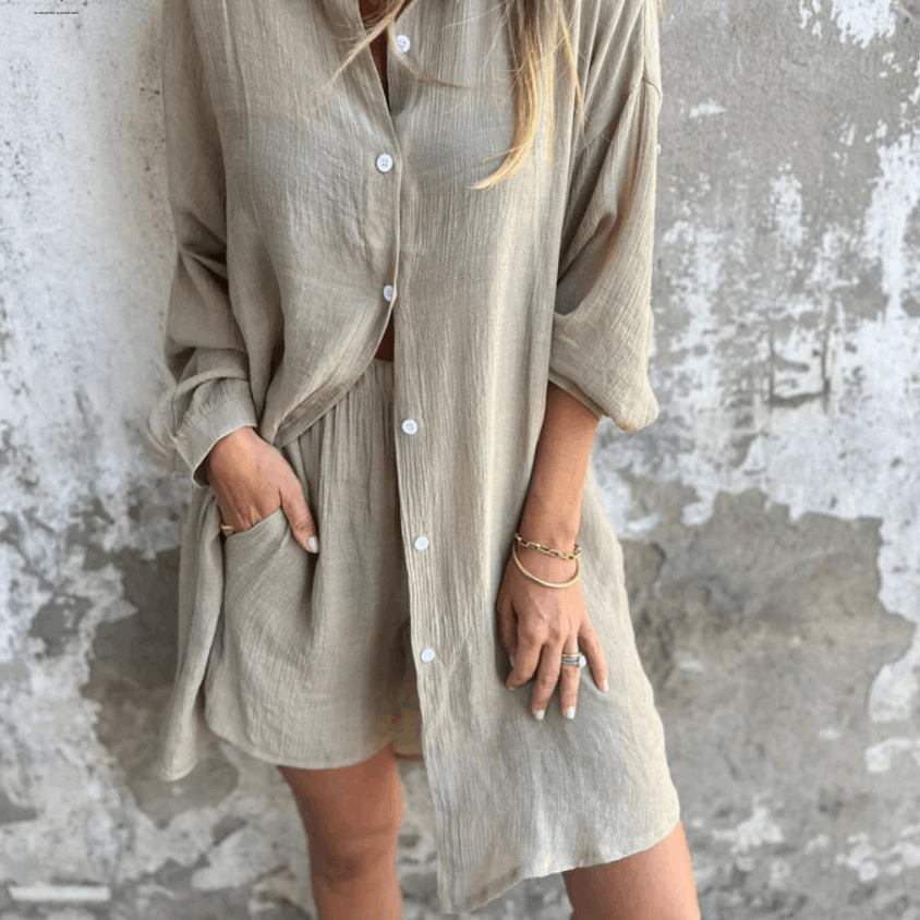 Women's Relaxed Two-Piece Outfit with Button Shirt and Shorts