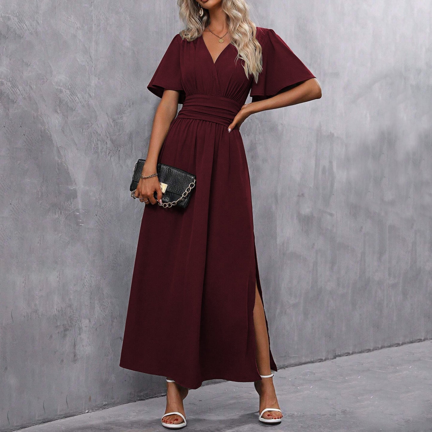 Women's Short-Sleeve Maxi Dress with V-Neck and Side Slit Design