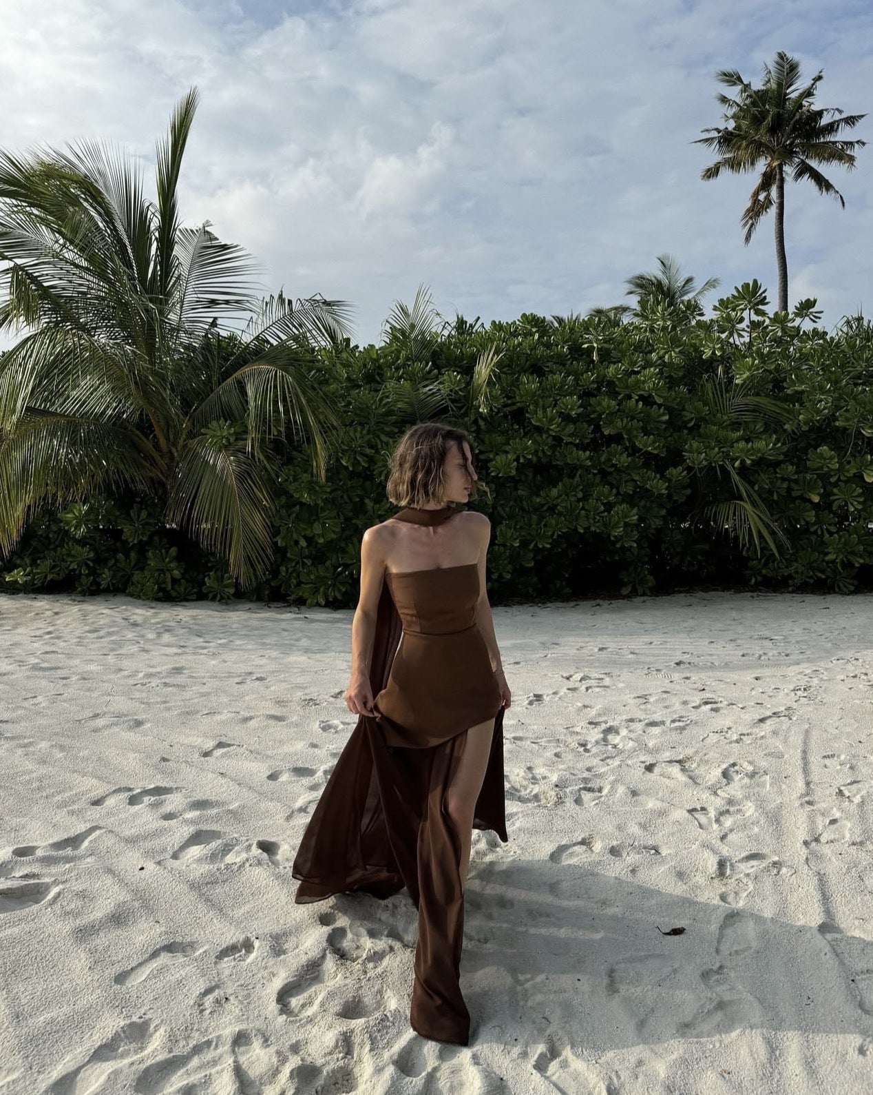 Women's Strapless Maxi Dress with Sheer Layer and Choker Detail