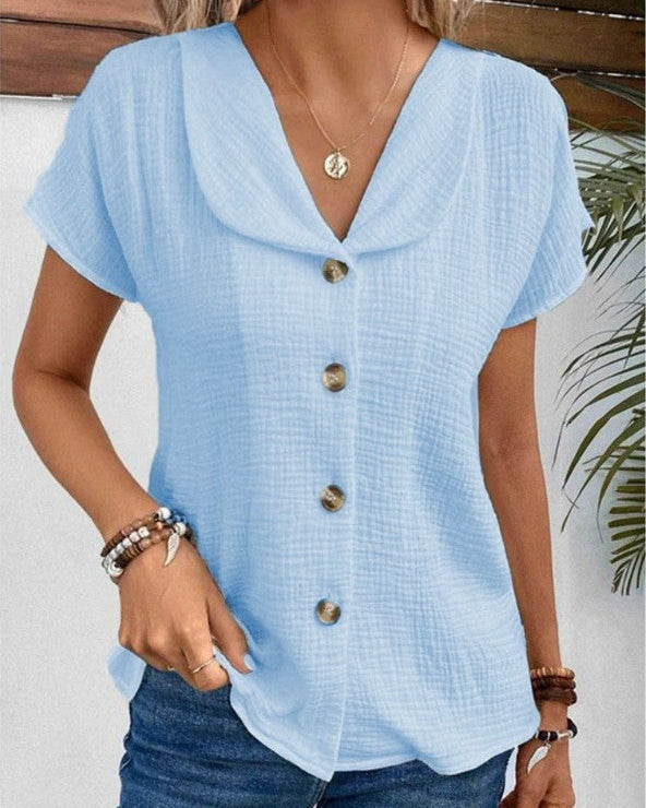 Women's Short-Sleeve Button-Front Top with Collar