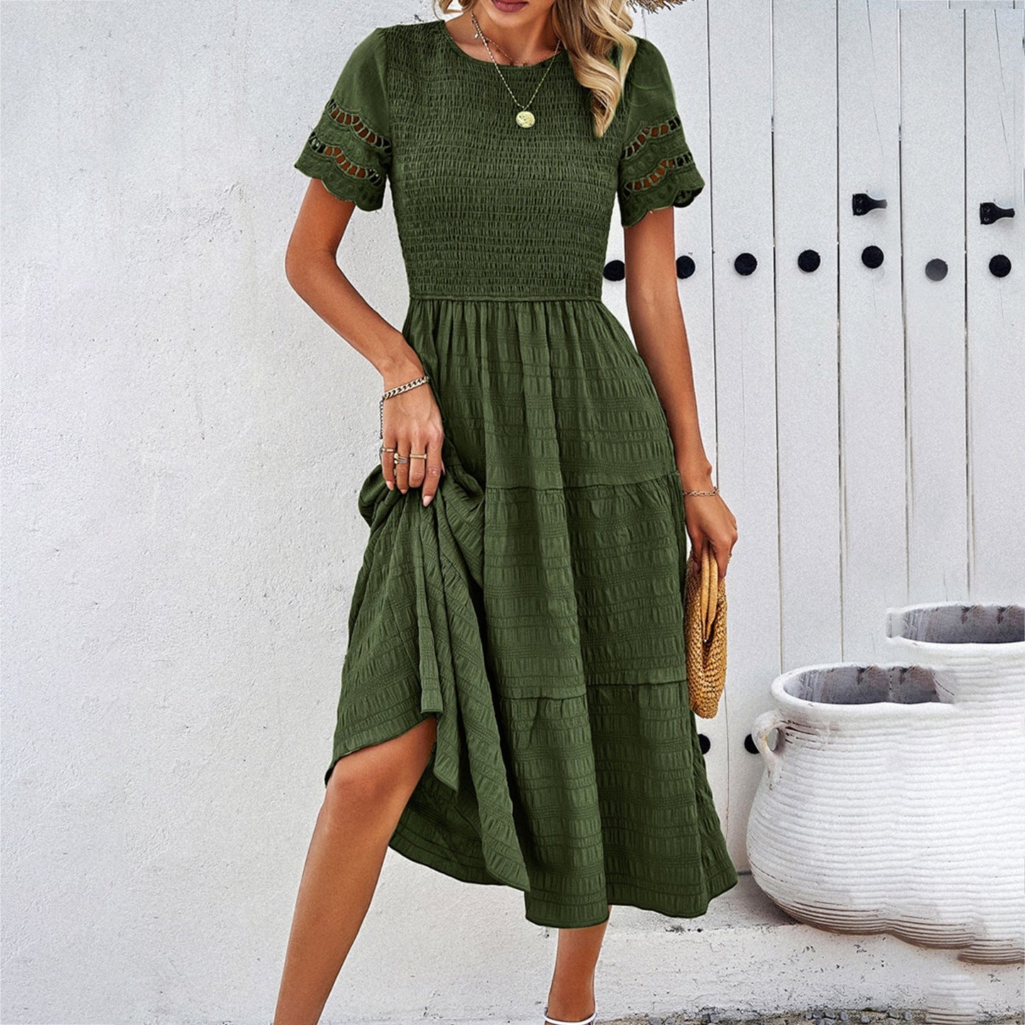 Women's Smocked Midi Dress with Tiered Skirt and Lace Sleeves