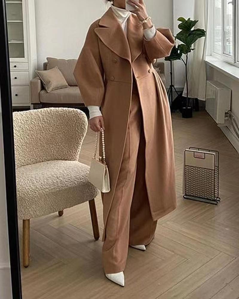 Women's Long Double Breasted Winter Coat with Lapel Collar Design