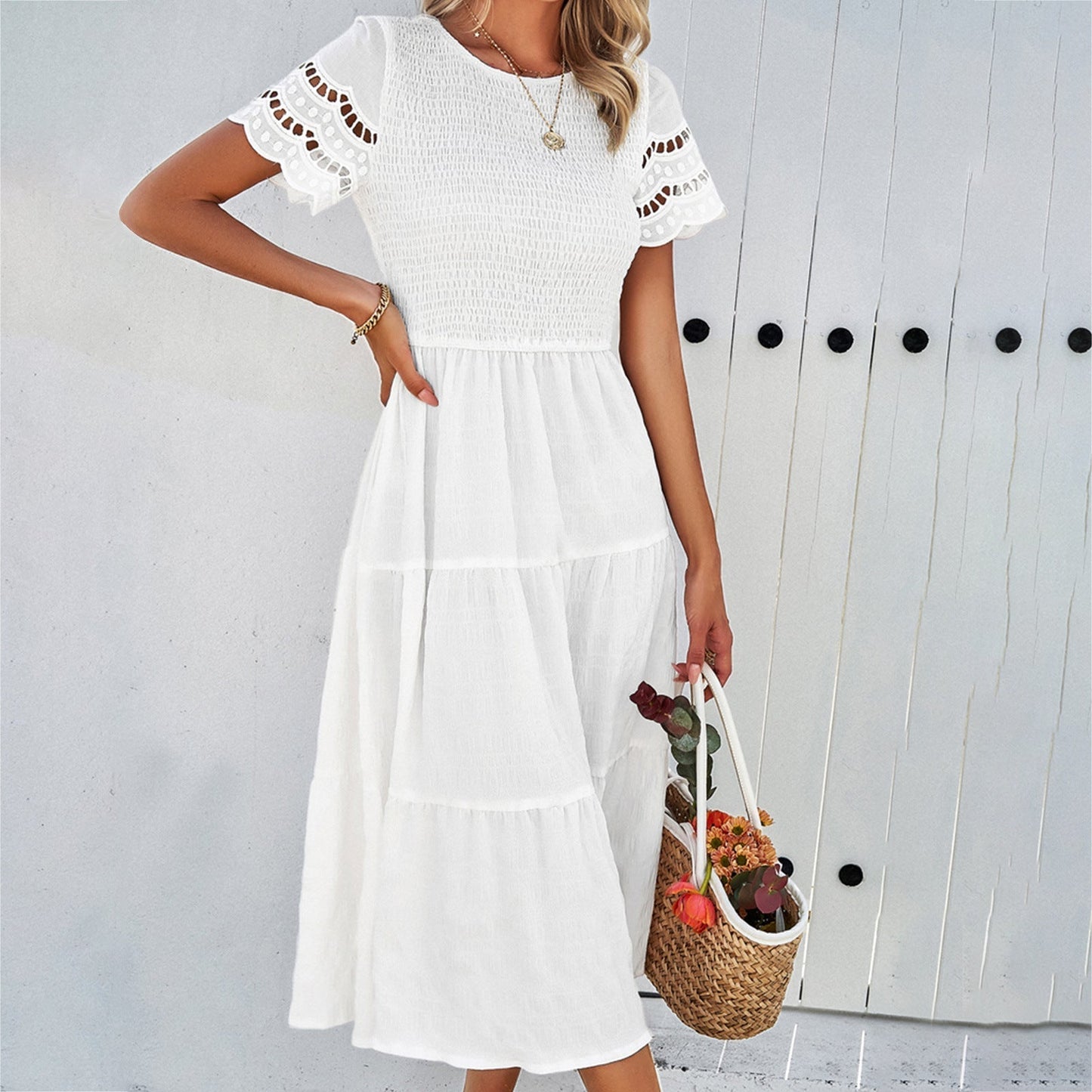 Women's Smocked Midi Dress with Tiered Skirt and Lace Sleeves