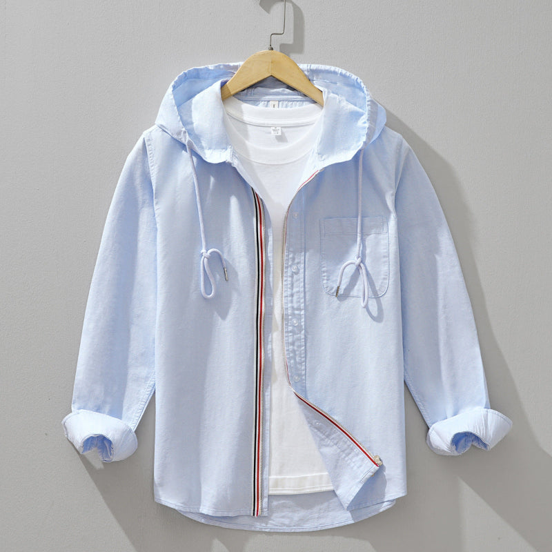 Men's Casual Button-Up Shirt with Hoodie and Long Sleeves