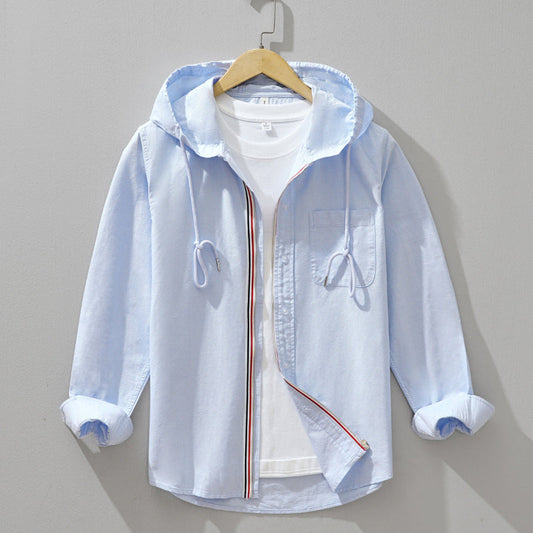 Men's Casual Button-Up Shirt with Hoodie and Long Sleeves