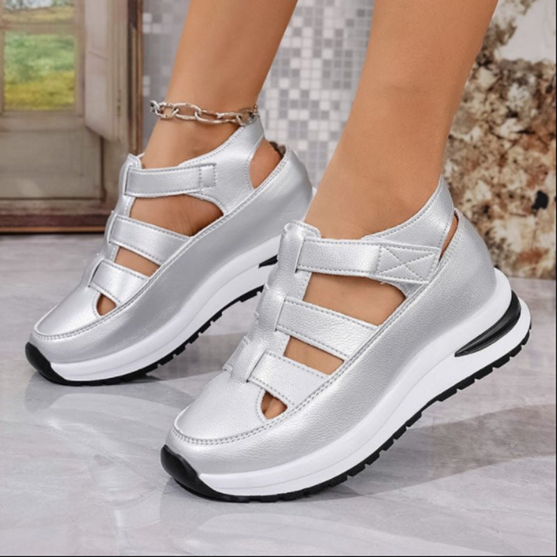 Women's Closed-Toe Wedge Sandals with Velcro Strap and Cut-Outs