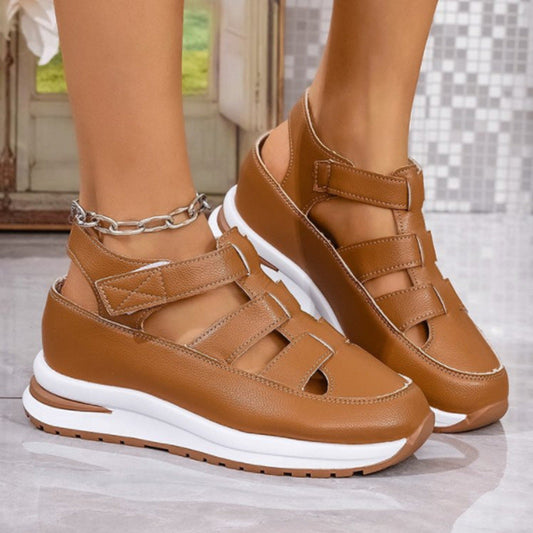Women's Closed-Toe Wedge Sandals with Velcro Strap and Cut-Outs