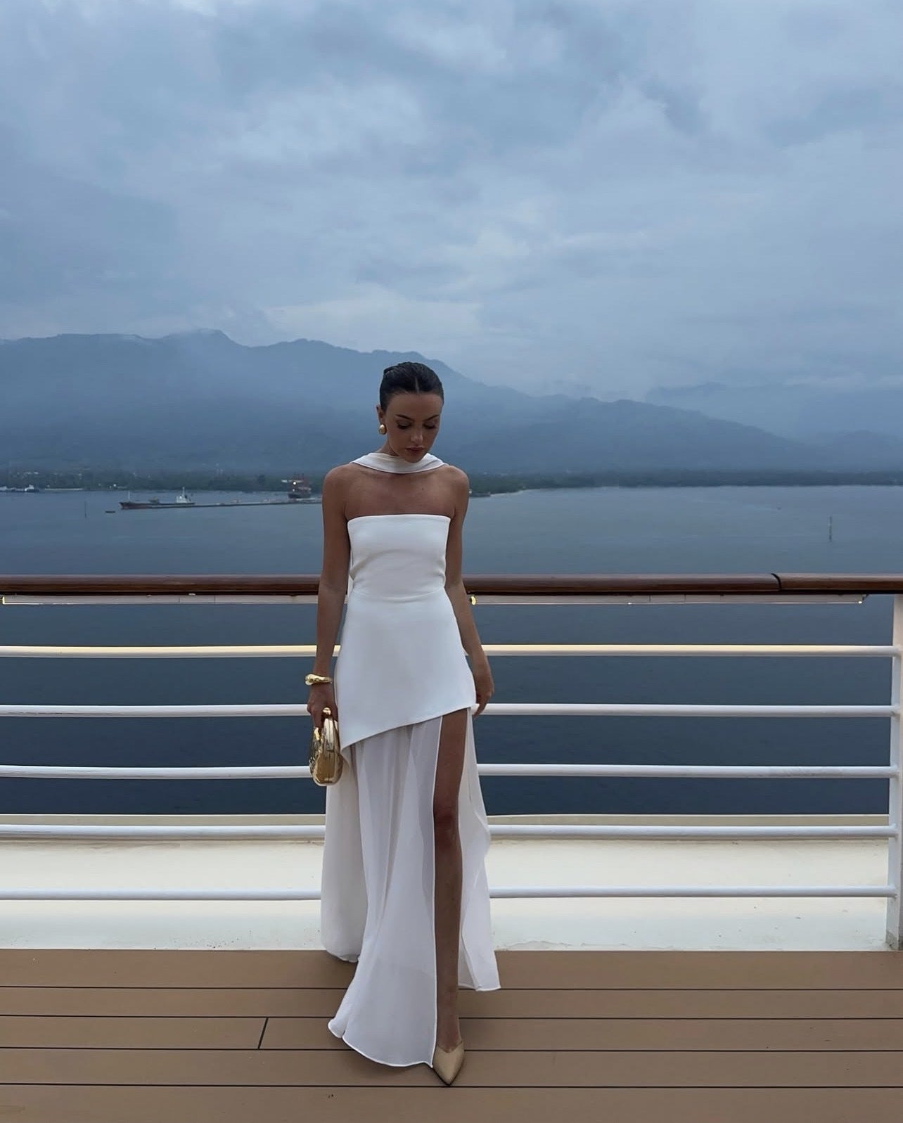 Women's Strapless Maxi Dress with Sheer Layer and Choker Detail