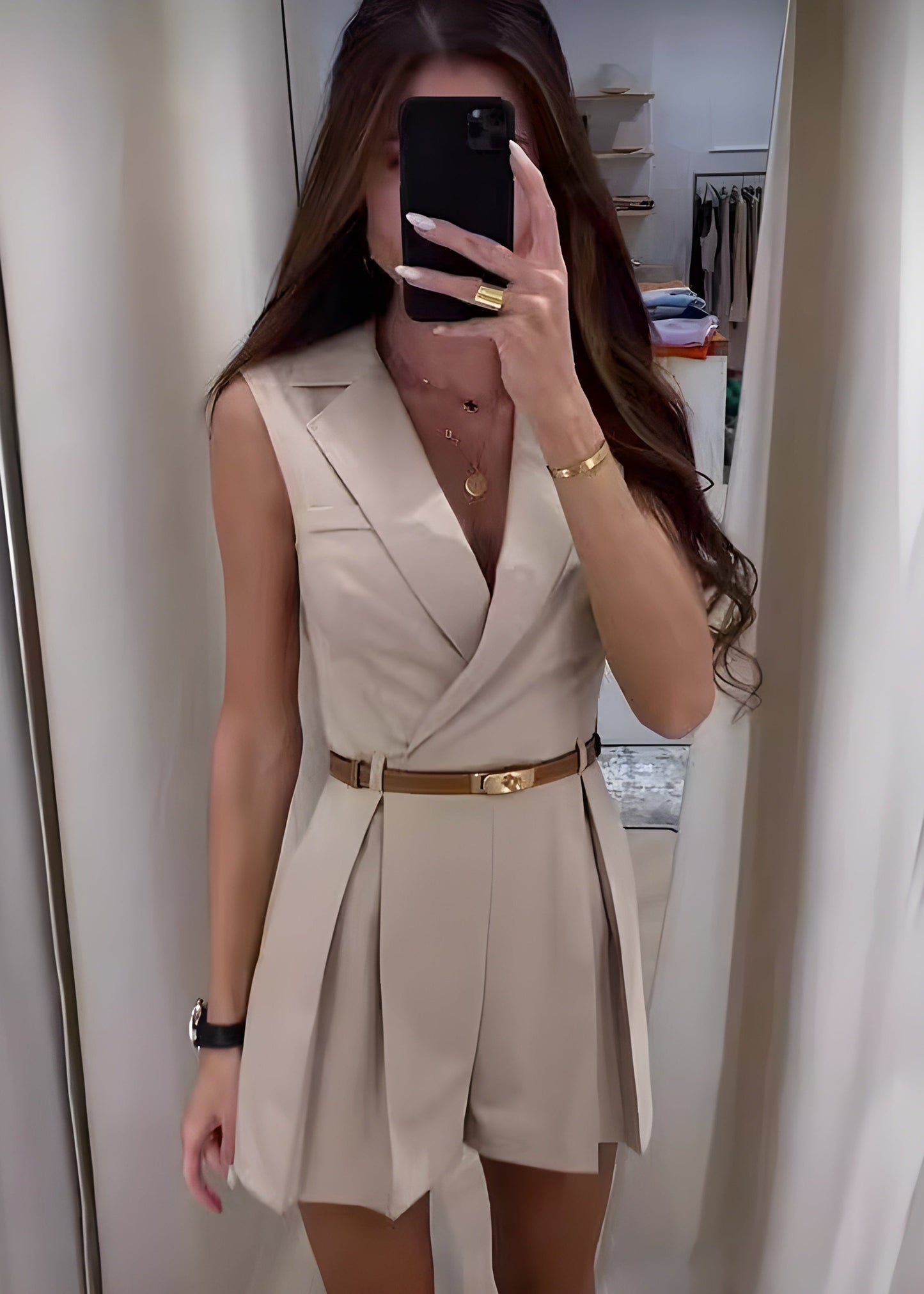 Women's Sleeveless Belted Romper with Wrap Front and Pleats