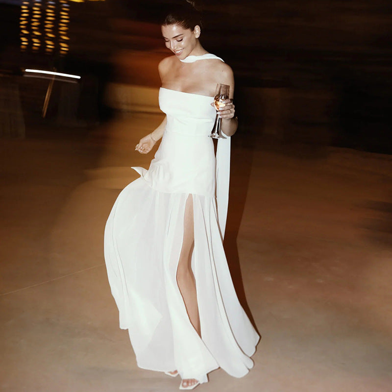 Women's Strapless Maxi Dress with Sheer Layer and Choker Detail