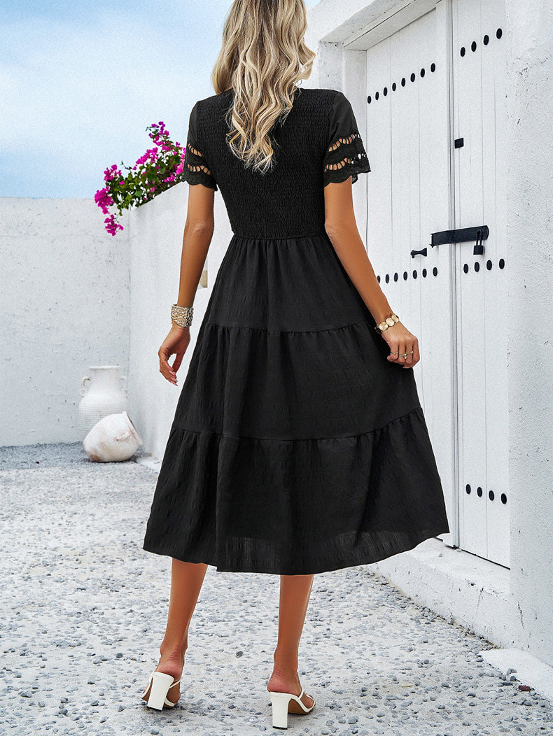 Women's Smocked Midi Dress with Tiered Skirt and Lace Sleeves