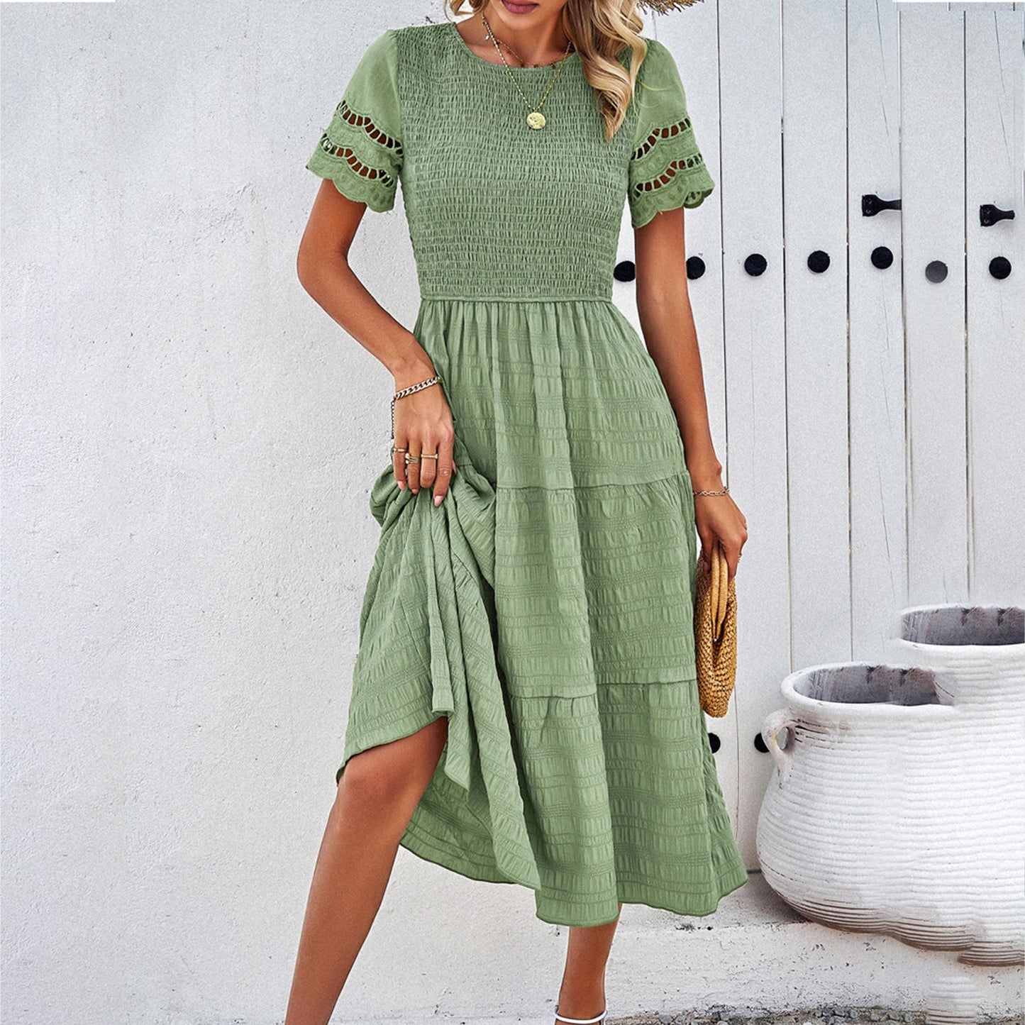 Women's Smocked Midi Dress with Tiered Skirt and Lace Sleeves