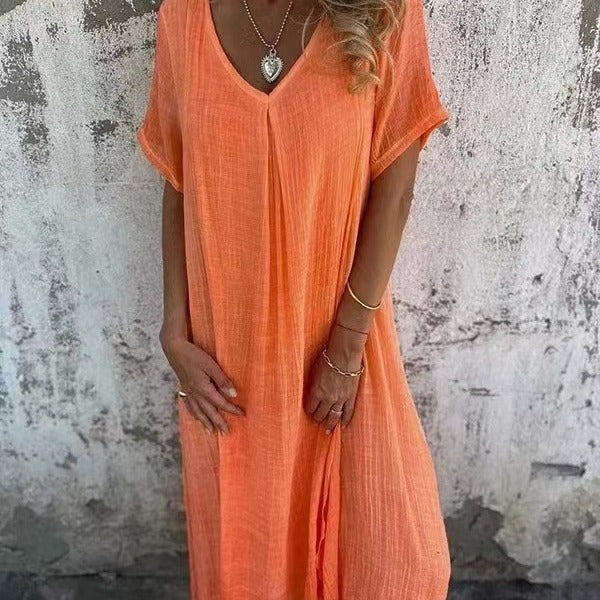 Women's Loose Fit Maxi Dress with V-Neck and Short Sleeves