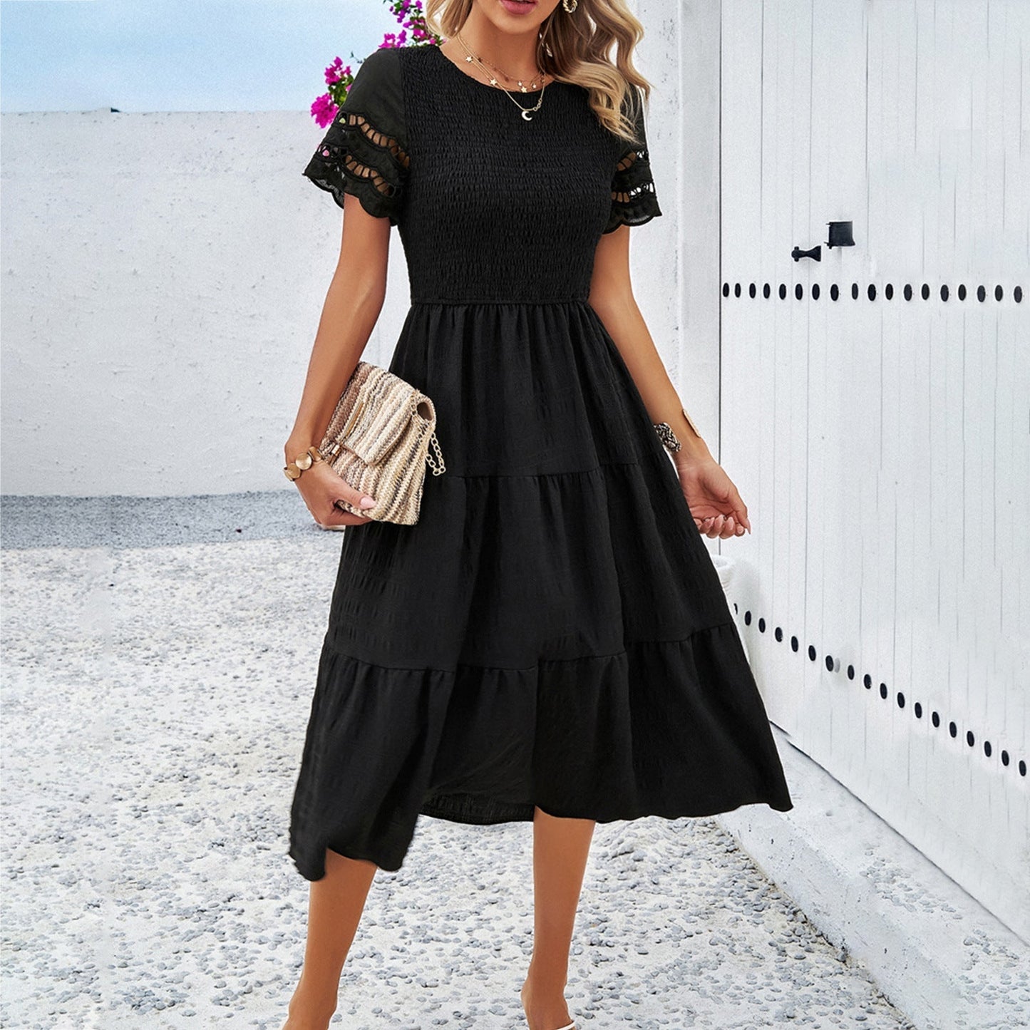 Women's Smocked Midi Dress with Tiered Skirt and Lace Sleeves