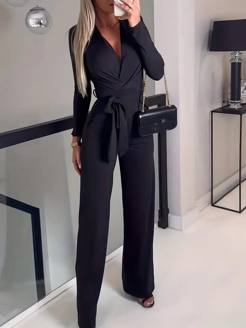 Women's Long-Sleeve V-Neck Wrap Jumpsuit with Wide-Leg Pants