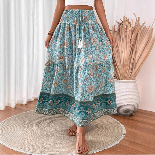 Women's Bohemian Tiered Maxi Skirt with Floral Print and Tassel Tie