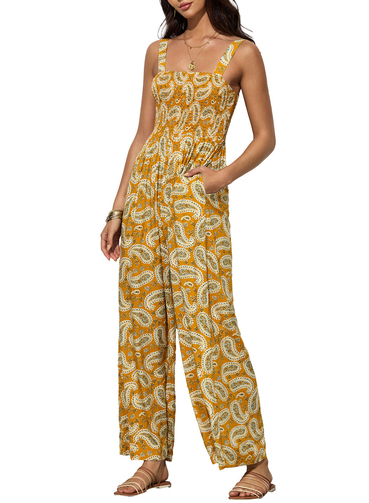 Women's Floral Wide-Leg Jumpsuit with Smocked Bodice and Pockets