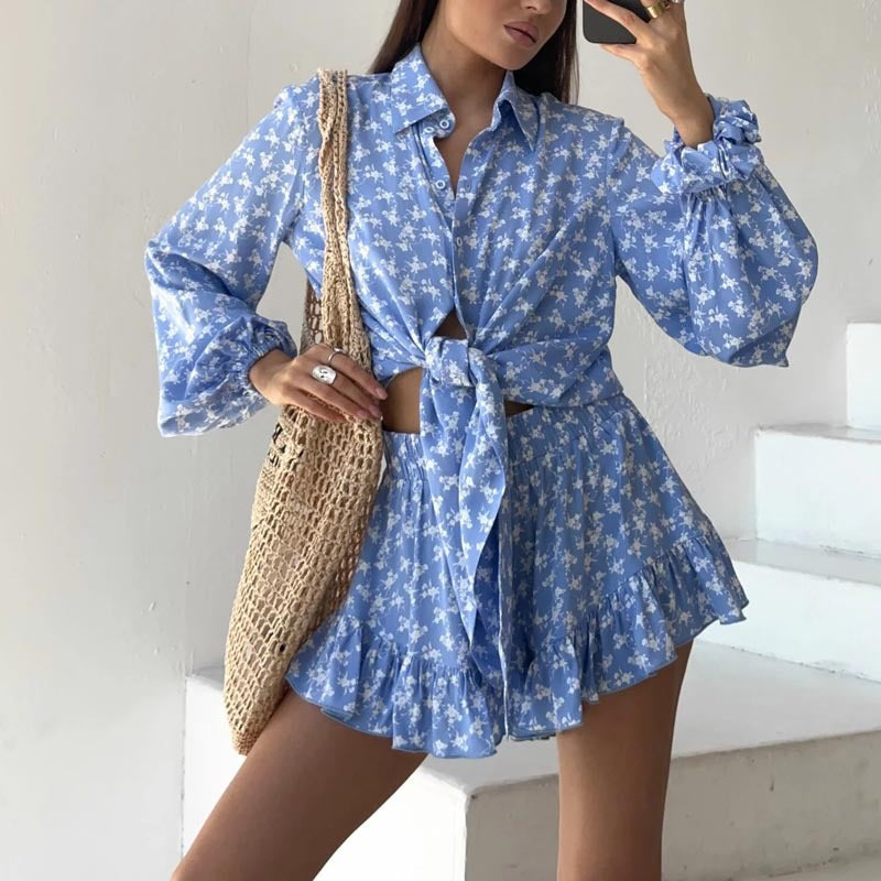 Women's Loose Two-Piece Set with Puff Sleeve Shirt and Ruffle Shorts