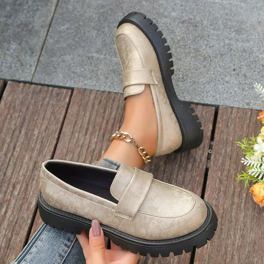 Women's Slip-On Shoes with Embossed Upper and Chunky Platform Sole