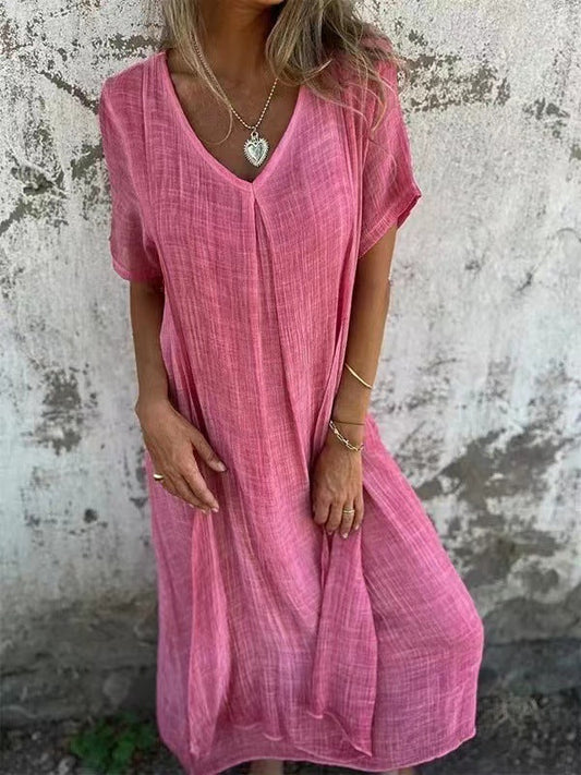 Women's V-Neck Maxi Dress with Short Sleeves and Relaxed Fit