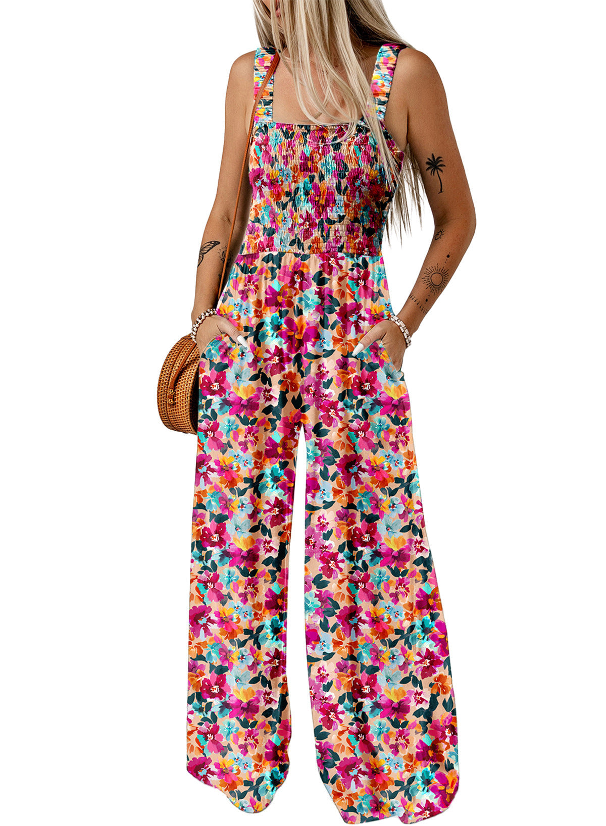Women's Floral Wide-Leg Jumpsuit with Smocked Bodice and Pockets