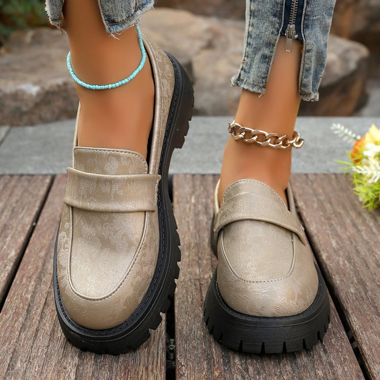 Women's Slip-On Shoes with Embossed Upper and Chunky Platform Sole