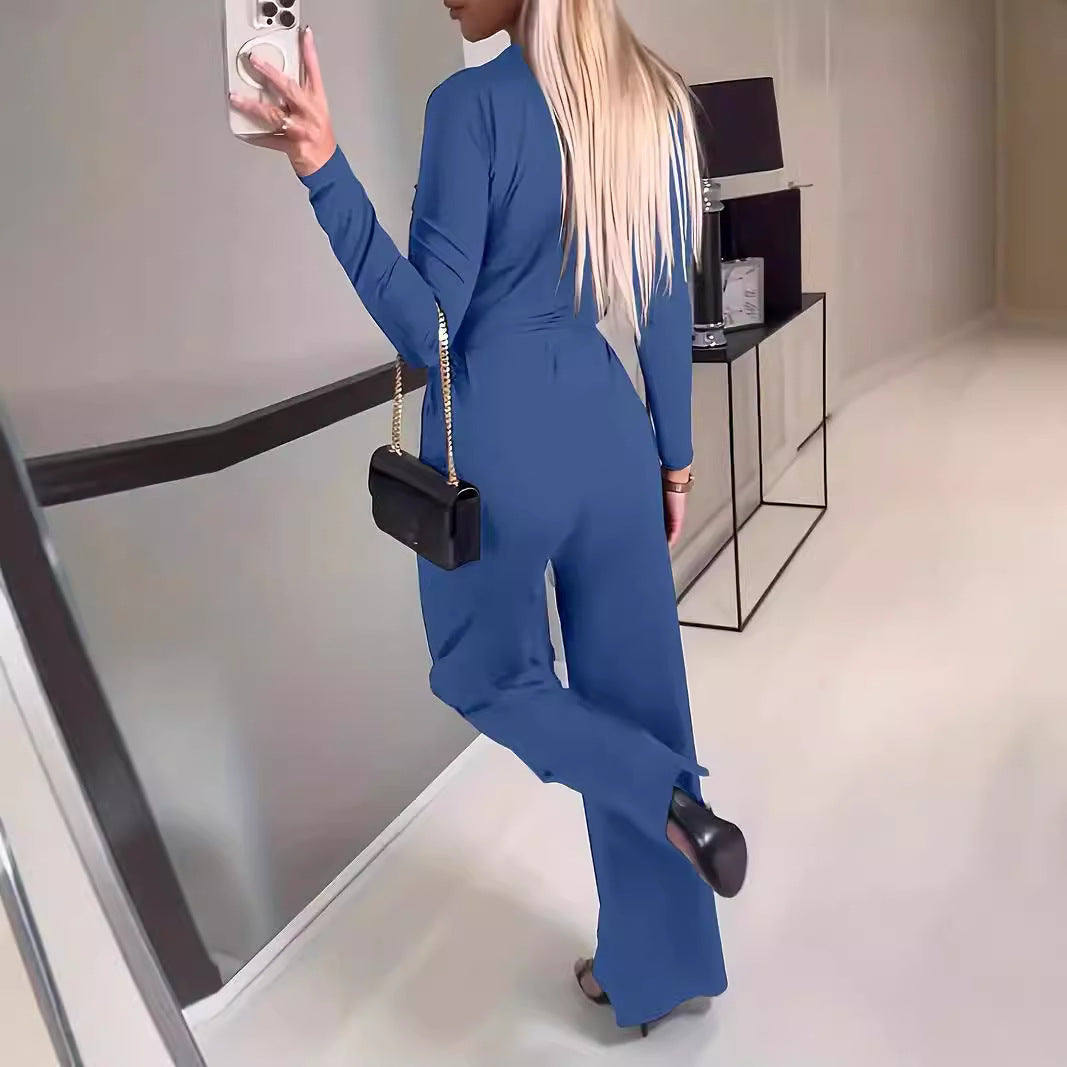 Women's Long-Sleeve V-Neck Wrap Jumpsuit with Wide-Leg Pants