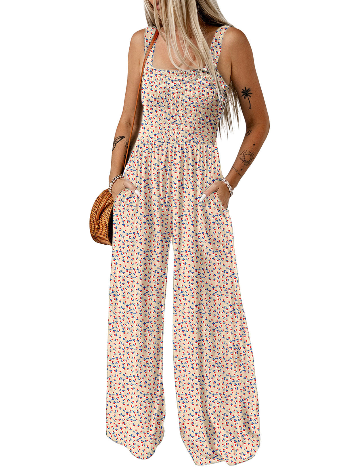 Women's Floral Wide-Leg Jumpsuit with Smocked Bodice and Pockets