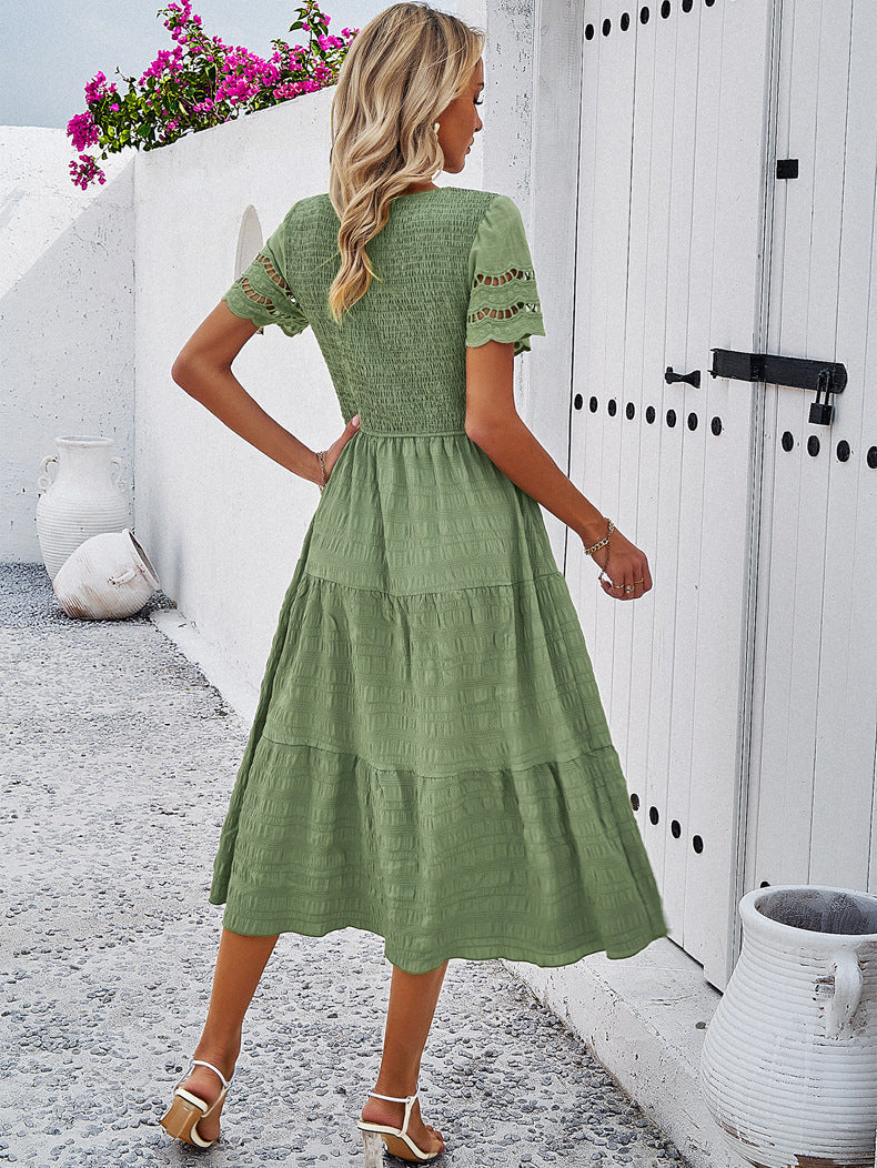 Women's Smocked Midi Dress with Tiered Skirt and Lace Sleeves
