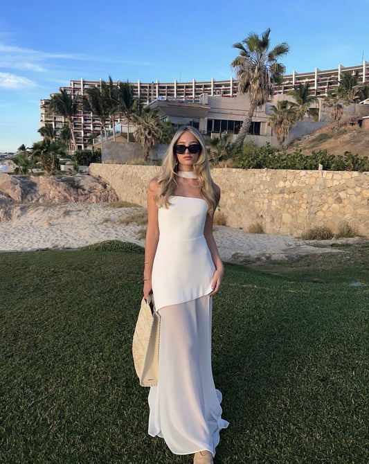 Women's Strapless Maxi Dress with Sheer Layer and Choker Detail