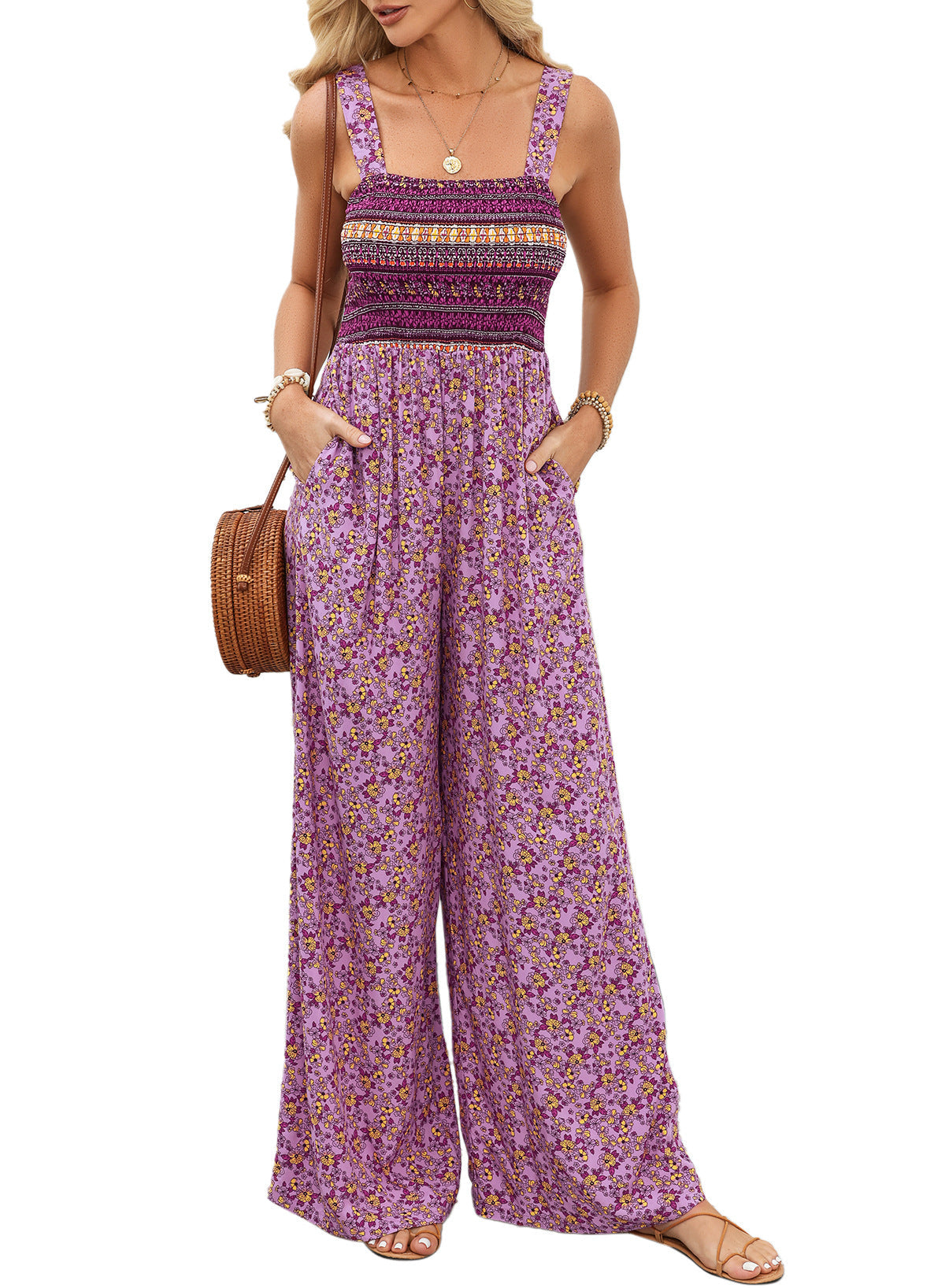 Women's Floral Wide-Leg Jumpsuit with Smocked Bodice and Pockets