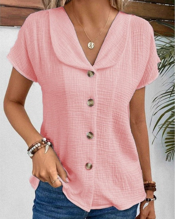 Women's Short-Sleeve Button-Front Top with Collar