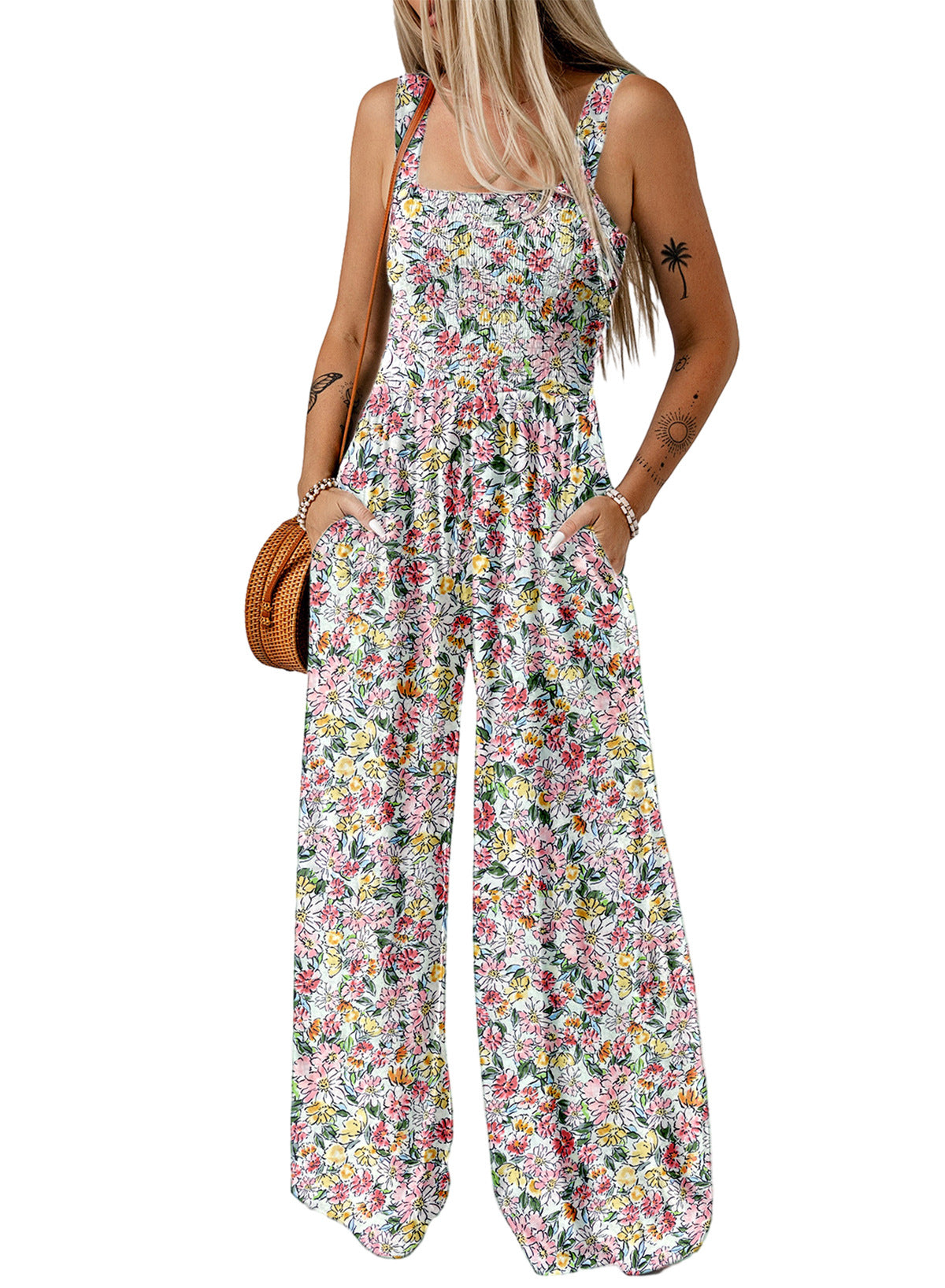 Women's Floral Wide-Leg Jumpsuit with Smocked Bodice and Pockets