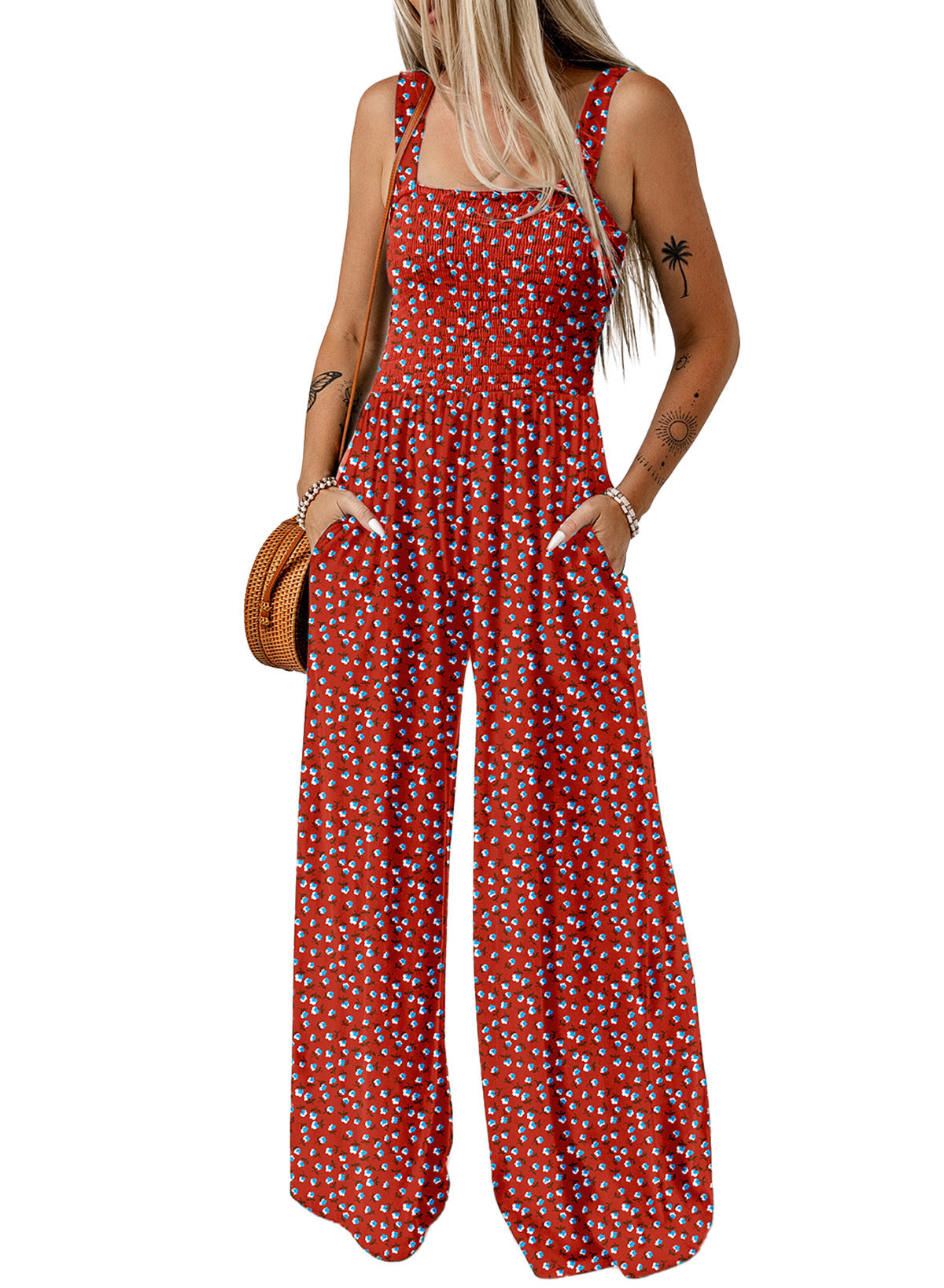 Women's Floral Wide-Leg Jumpsuit with Smocked Bodice and Pockets