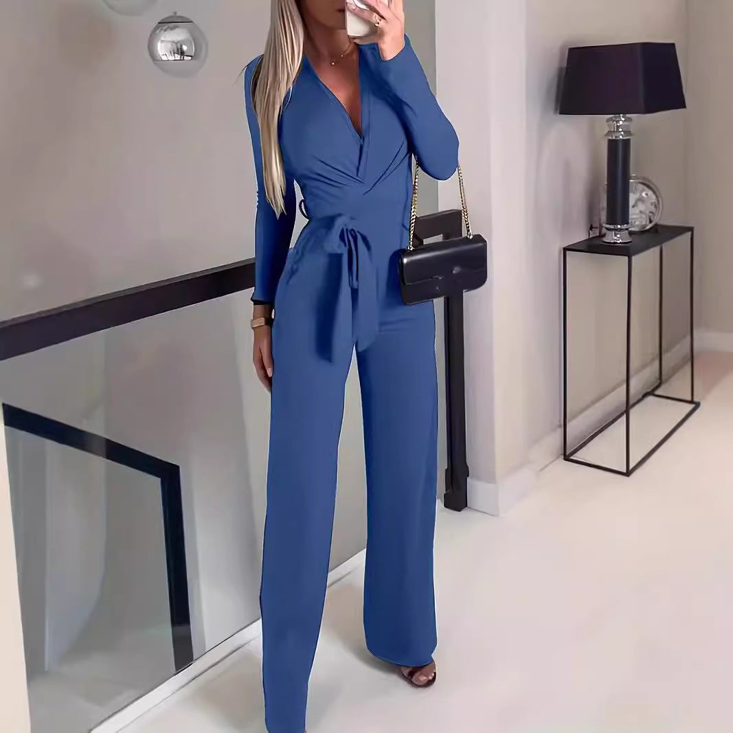Women's Long-Sleeve V-Neck Wrap Jumpsuit with Wide-Leg Pants