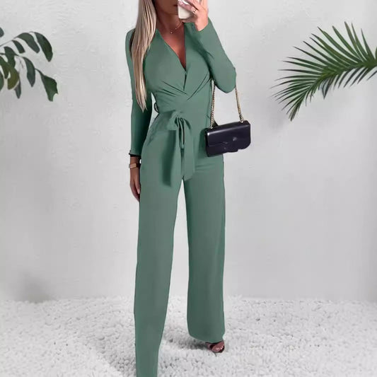 Women's Long-Sleeve V-Neck Wrap Jumpsuit with Wide-Leg Pants