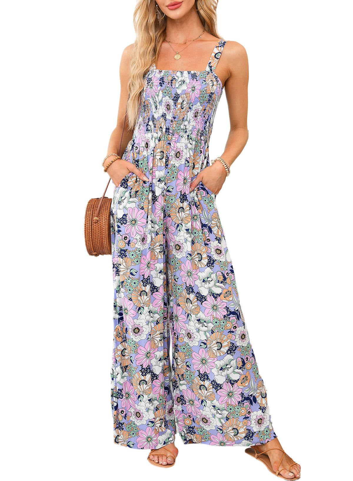 Women's Floral Wide-Leg Jumpsuit with Smocked Bodice and Pockets