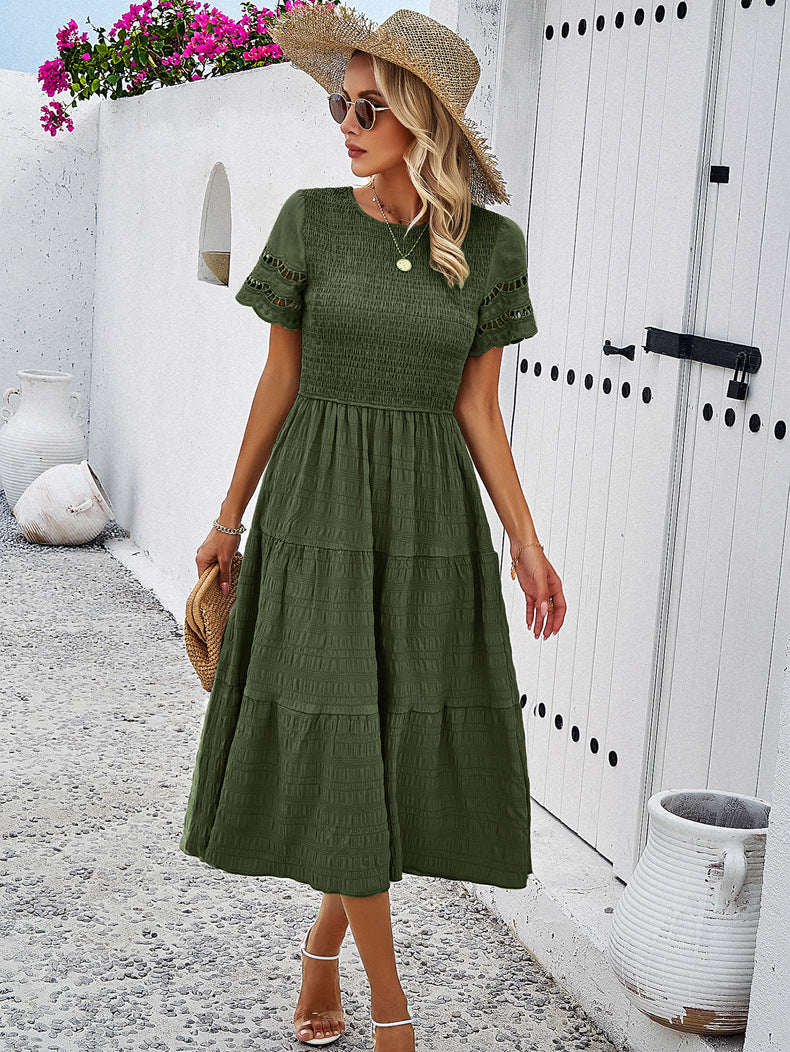 Women's Smocked Midi Dress with Tiered Skirt and Lace Sleeves
