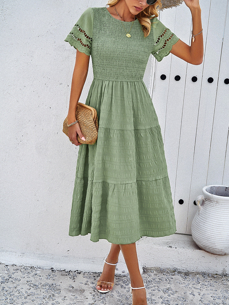 Women's Smocked Midi Dress with Tiered Skirt and Lace Sleeves