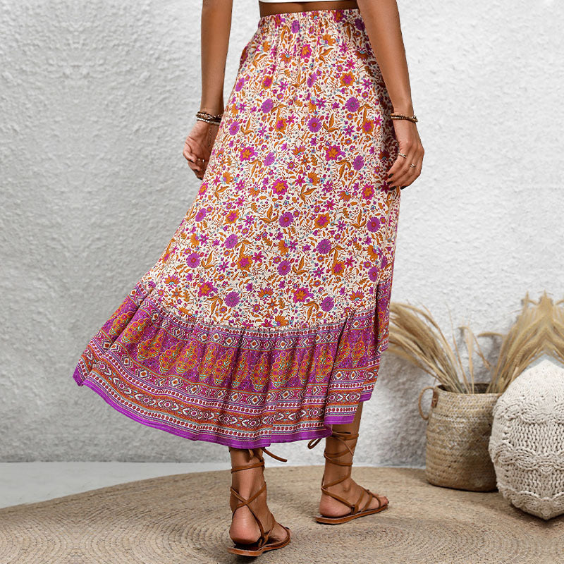 Women's Floral Paisley Midi Skirt with Tiered Hem and Elastic Waist