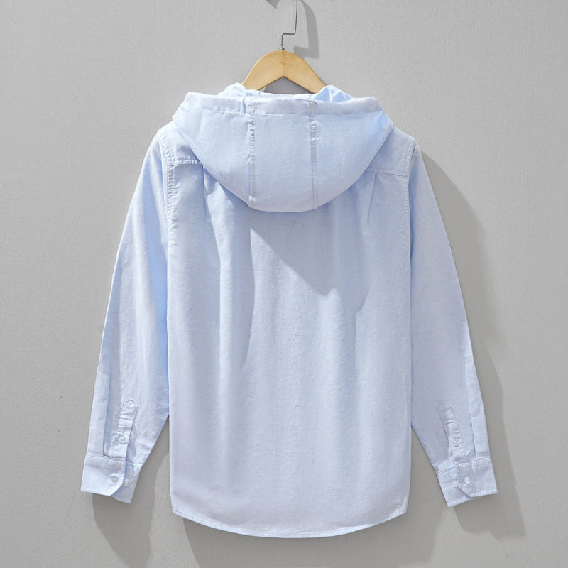 Men's Casual Button-Up Shirt with Hoodie and Long Sleeves