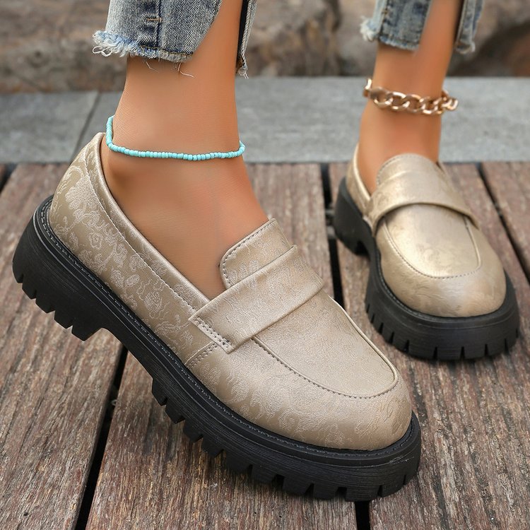Women's Slip-On Shoes with Embossed Upper and Chunky Platform Sole